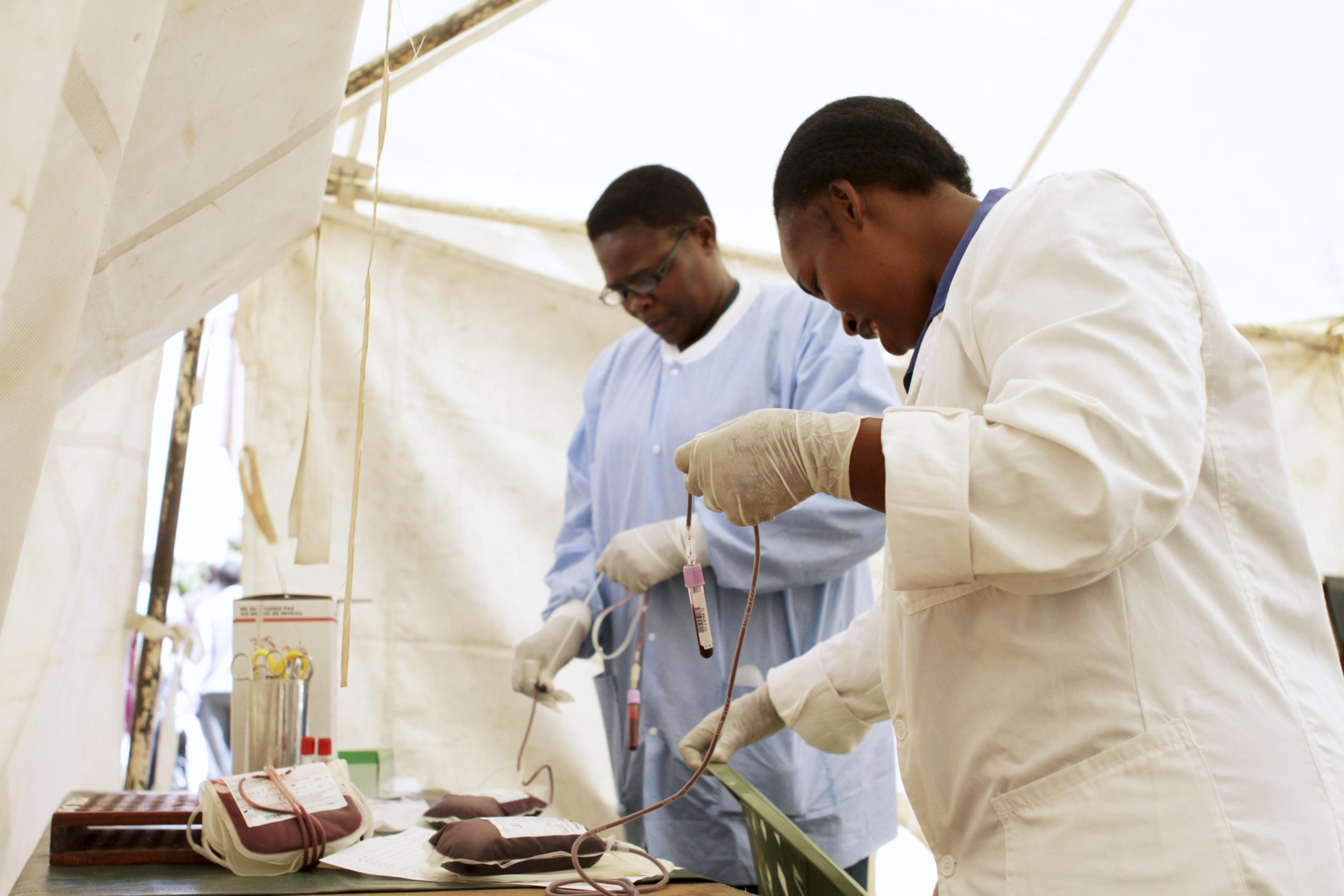 Staff label plastic bags filled with donated blood, in Nairobi, Kenya, on January 9, 2012.