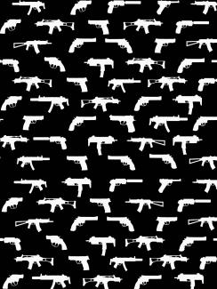 A stock illustration showing white stencil outlines of various guns arranged in rows against a black background