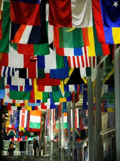 Image shows dozens and dozens of flags hanging high inside a large interior space. 