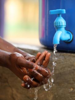 The photo shows a pair of hands actively lathering under a water tap against a blue background. 