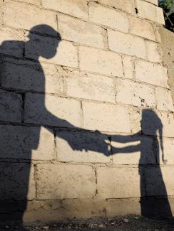 Picture shows the girl's shadow on an old wall. 