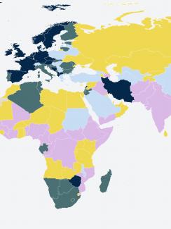 Image shows a map of the world color coded according to percent of government spending on health in 2017. 