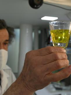 The photo shows a man wearing a mask holding up a wine glass filled with a bright yellow liquid. 