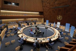 General view during a press conference of the World Health Organization (WHO) organised by the Geneva Association of United Nations Correspondents (ACANU) amid the COVID-19 outbreak, caused by the novel coronavirus, at the WHO headquarters in Geneva Switzerland July 3, 2020. 