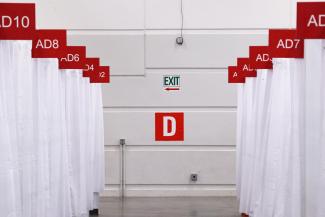 A view shows a patient floor hall of an field hospital known as an Alternate Care Facility set up at the state fair ground as cases of COVID-19 cases spike in Wisconsin on October 12, 2020.