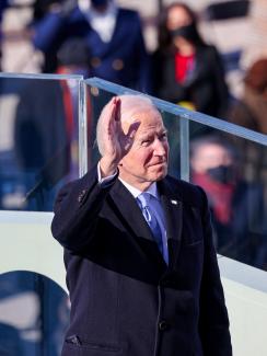 U.S. President Joe Biden waves after being sworn-in as the 46th President of the United States during his inauguration on the West Front of the U.S. Capitol in Washington, DC on  January 20, 2021.