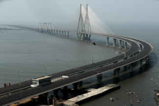 A deserted Bandra-Worli Sea Link bridge is seen during a weekend COVID lockdown in Mumbai, India on April 10, 2021.