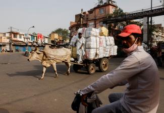 A man rides a motorcycle in front of a worker transporting sacks of spices loaded on a bullock cart at a wholesale market in the old quarters of Delhi, India.
