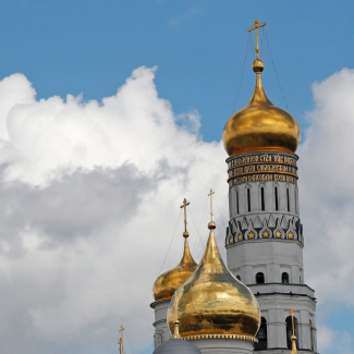 Cathedral Square, or Sobornaya Square, the central square of the Moscow Kremlin as seen on Victory Day, May 7, 2021 in Moscow, Russia.