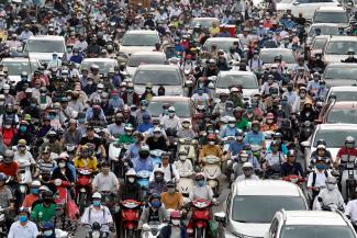 Traffic jam is seen in morning rush hour after the government eased nationwide lockdown following the COVID-19 outbreak in Hanoi, Vietnam, on May 25, 2020.