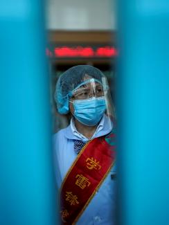 September 03, 2020 A worker wears a mask and a face shield during a government organised media tour at Tongji Hospital following the coronavirus disease (COVID-19) outbreak, in Wuhan, Hubei province, China September 3, 2020. 