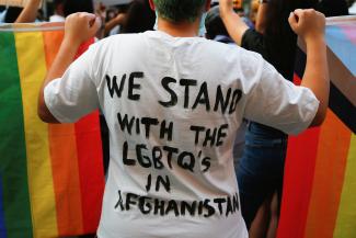 Activists take part in a demonstration in support of Afghan women, LGBTI and LGBTQ communities following the Taliban takeover of Afghanistan, in Ankara, Turkey August 25, 2021.