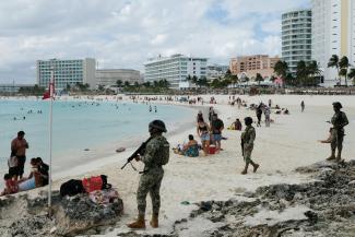 Members of the Navy patrol a beach resort as part of the vacation security in the tourist zone in Cancun by the government of Quintana Roo, Mexico, on December 5, 2021
