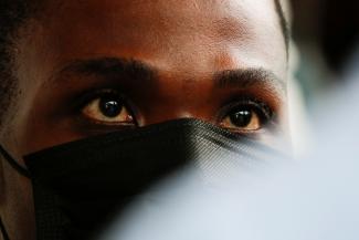 A close-up image of the face of Alex Kofi Donkor, a human rights advocate and LGBTQI+ activist, speaks to journalists after a court hearing for twenty-one people who where detained by police and accused of unlawful assembly and promoting an LGBTQI+ agenda, at the Ho Circuit Court in Ho, Volta Region-Ghana on June 4, 2021. 