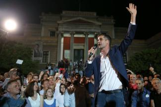 Newly elected mayor of Athens Kostas Bakoyannis waves to his supporters, at his election kiosk in Athens, Greece, June 2, 2019