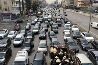 Vehicles are stuck in a traffic jam on a highway in Jal el-Dib, Lebanon, on March 9, 2021.