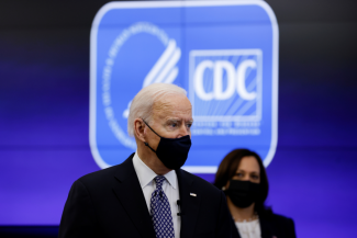 U.S. President Joe Biden and Vice President Kamala Harris receive an update on the COVID-19 pandemic at the CDC, in Atlanta, Georgia, on March 19, 2021.  