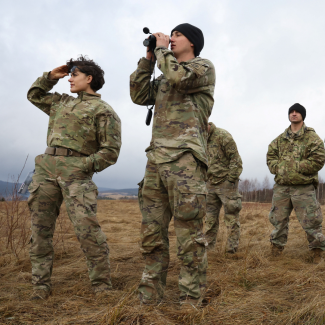 U.S. Army soldiers from the 82nd Airborne Division, deployed to Poland to reassure NATO allies, train at an airbase near Arlamow Poland, on February 23, 2022. 