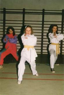 During the war: Early days of my (Maja's) karate training. Wearing a karategi, hand-sown of bed sheets by my mom. Sarajevo, Bosnia and Herzegovina, 1994.