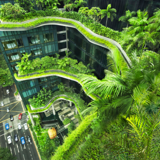 The Parkroyal Collection Pickering, in Singapore, is a "green" hotel, designed with naturally ventilated corridors, solar-powered irrigation, rain water retention and sun shading.