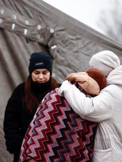 Women fleeing the Russian invasion of Ukraine stay at a temporary camp in Przemysl, Poland, on March 2, 2022.