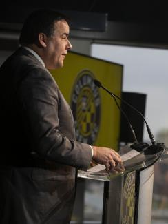 mayor Andrew Ginther addresses attendees during an introductory press conference for the new Columbus Crew SC ownership at The Ivory Room