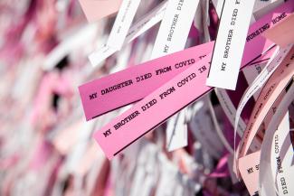 Messages are seen on ribbons as part of the "Naming the Lost Memorials," as the U.S. deaths from the coronavirus disease (COVID-19) are expected to surpass 600,000, at The Green-Wood Cemetery in Brooklyn, New York, U.S., June 10, 2021
