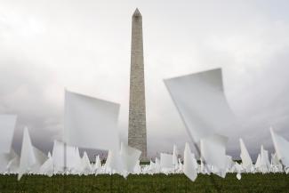 An exhibition of white flags representing Americans who have died of coronavirus disease (COVID-19), which are placed over 20 acres of the National Mall, is seen in Washington, U.S., September 17, 2021.
