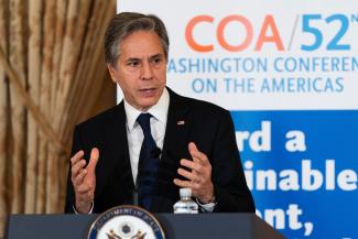 U.S. Secretary of State Antony Blinken speaks at the 52nd annual Conference on the Americas luncheon at the State Department in Washington, DC, on May 3, 2022.