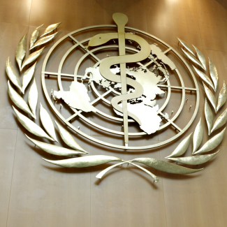 Gold-colored World Health Organization (WHO) logo mounted on a brown paneled wall at the United Nations headquarters, Geneva, Switzerland.