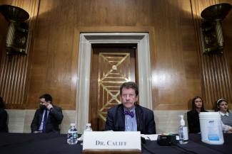 FDA Commissioner Robert Califf wear a dark blue navy suit and light blue shirt in the Senate on Capitol Hill in Washington DC 