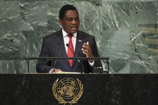 Zambia's President Hakainde Hichilema addresses the 77th Session of the United Nations General Assembly at UN Headquarters in New York City, on September 21, 2022. 