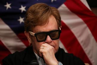 Sir Elton John speaks to members of the media about the impact of U.S. President’s Emergency Plan for AIDS Relief (PEPFAR) over the last twenty years, in Johannesburg, South Africa, on February 23, 2023.