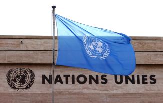A flag is seen on a building during the Human Rights Council at the United Nations in Geneva, Switzerland, on February 27, 2023.