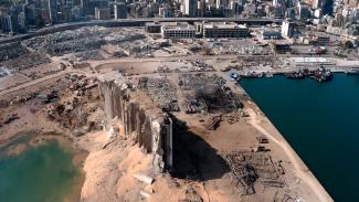 A  still image taken from a drone footage shows the damage two days after an explosion in Beirut's port area, Lebanon August 6, 2020.