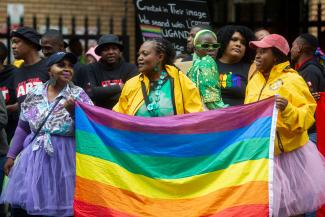 People demonstrate against the proposed new Ugandan antigay legislation, which makes homesexuality illegal and punishable by harsh sentences for people identifying as LGBTQ+ in Pretoria, South Africa, on March 31, 2023 