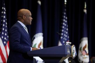 U.S. Global Aids Coordinator and Special Representative for Health Diplomacy Ambassador John Nkengasong delivers remarks at the launch of the Bureau of Global Health Security and Diplomacy at the State Department in Washington, U.S., August 1, 2023. 