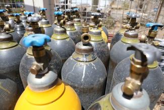 Oxygen cylinders are pictured at an out-of-order oxygen plant of a hospital allocated for the coronavirus patients in preparation for any possible spread of the coronavirus disease in Sanaa, Yemen, April 8, 2020.