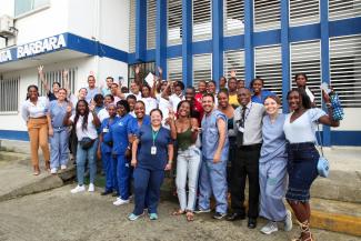 Members of the Hospital Padrino strategy and newly trained staff of the Timbiquí Hospital outside the health center.