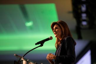 Republican presidential candidate and former U.S. Ambassador to the United Nations Nikki Haley makes remarks.