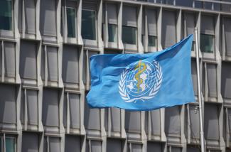 A flag is pictured outside a building of the World Health Organization (WHO).