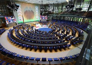 A general view shows the plenary hall during an international replenishment conference for the United Nations Green Climate Fund.