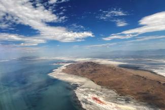 Water levels recede around Antelope Island in the Great Salt Lake.