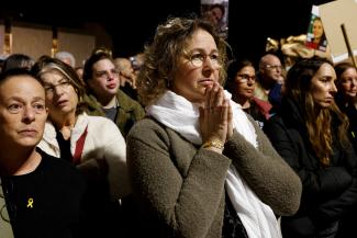 Supporters, friends, and family members of hostages kidnapped during the October 7 attack take part in an event called "Unite for Mental Health.".