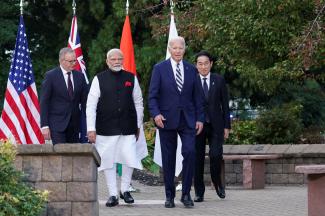 U.S. President Joe Biden, Japan Prime Minister Fumio Kishida, Australia Prime Minister Anthony Albanese, and India Prime Minister Narendra Modi arrive for a Cancer Moonshot announcement.