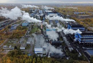An aerial view shows a plant of Omsktechuglerod company producing carbon black.