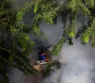 A worker fogs a housing estate for mosquitos, in Singapore, on August 27, 2020.