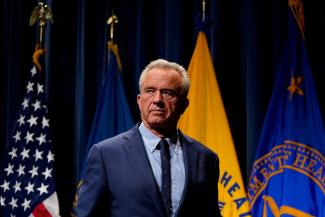U.S. Health and Human Services Secretary Robert F. Kennedy, Jr. leaves the stage at the Department of Health and Human Services, in Washington, DC, on April 16, 2025.