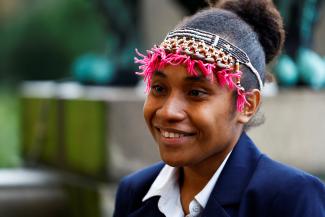 Cynthia Houniuhi, Solomon Islands youth climate activist, speaks during the United Nations' top court International Court of Justice (ICJ) public hearings, in The Hague, Netherlands, December 2, 2024.
