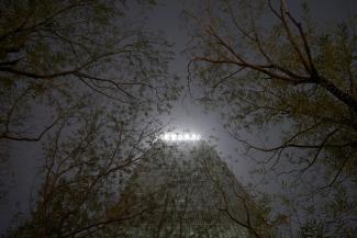 A building is pictured through trees amid heave smog on a polluted day, in Beijing, China, on December 2, 2018.